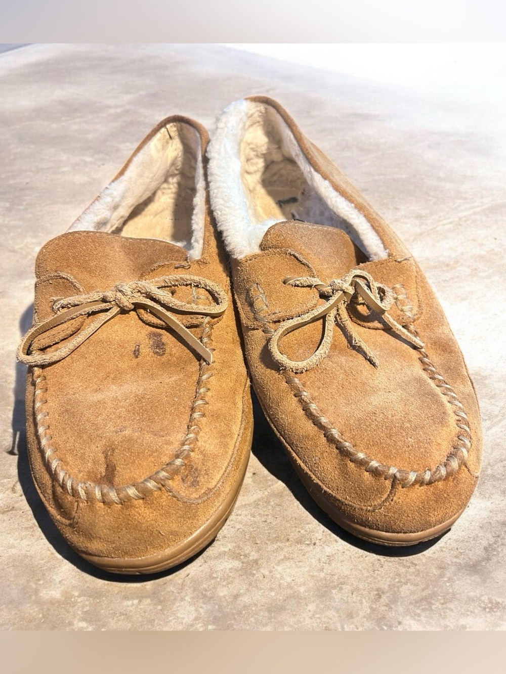 Lands End Mens Size 12 Tan Suede Leather Moccasin Slipper Shoes Indoor Outdoor